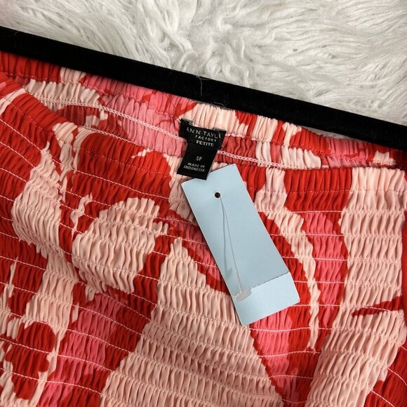 Ann Taylor Petite Floral Smocked Bodice Flare Dress Pink Red Size PS Puff Sleeve - Picture 8 of 10